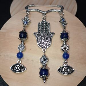 Handmade Hamsa Hand And Evil Eye Brooch Pin Jewelry Natural Crystal Beads
